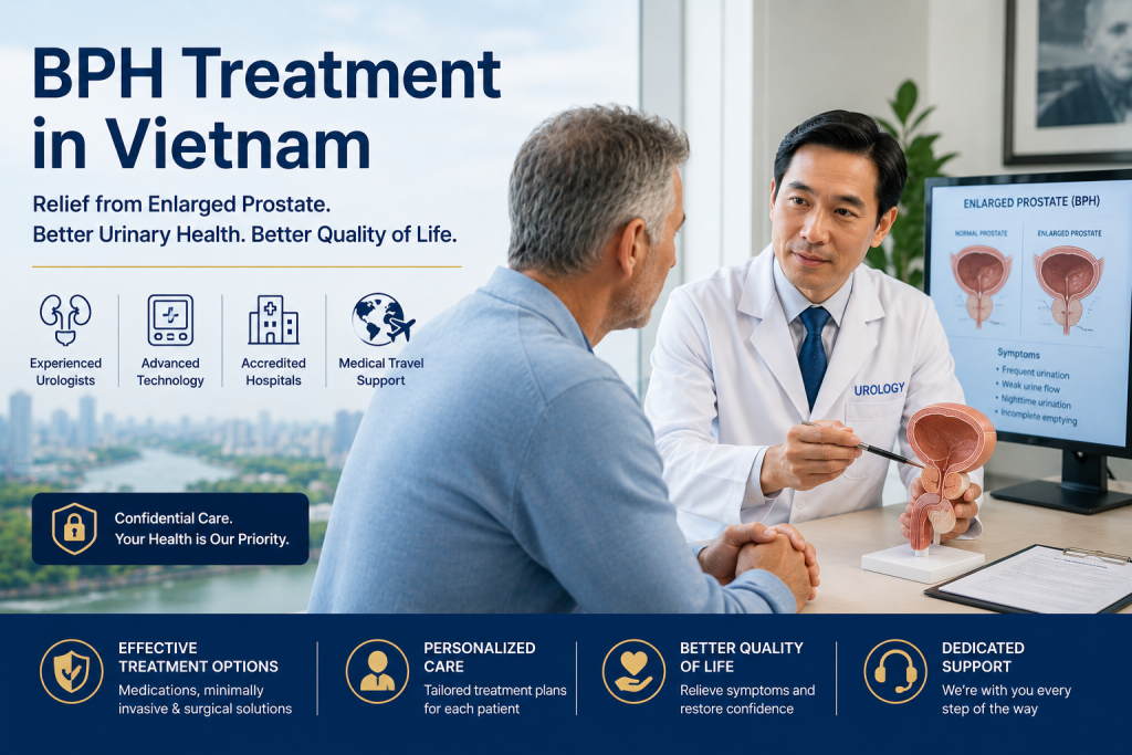 Urologist consulting an international patient about BPH treatment in Vietnam for enlarged prostate and urinary symptoms