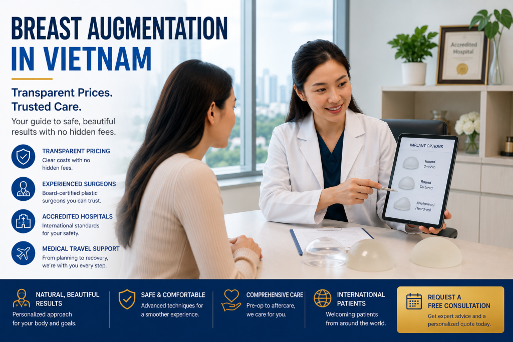 Plastic surgeon consulting an international patient about breast augmentation cost in Vietnam, implant options, transparent pricing, and treatment planning