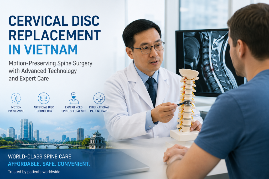 Spine specialist consulting an international patient about cervical disc replacement in Vietnam with neck spine model, MRI scan, and motion-preserving surgery options