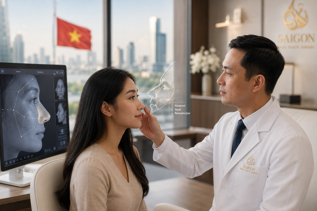Cleft rhinoplasty in Vietnam consultation with a reconstructive plastic surgeon using advanced 3D nasal imaging.