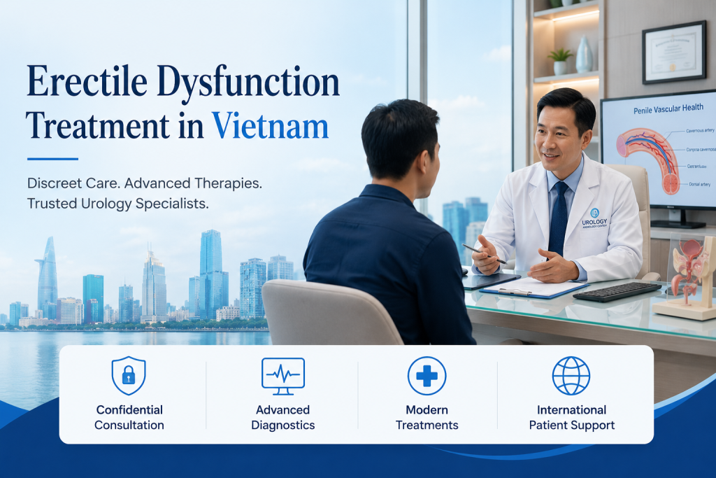 Urologist consulting an international patient about erectile dysfunction treatment in Vietnam with confidential diagnosis and modern men’s health care