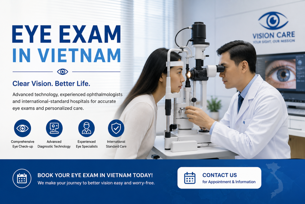Eye exam in Vietnam performed by an ophthalmologist using advanced diagnostic equipment