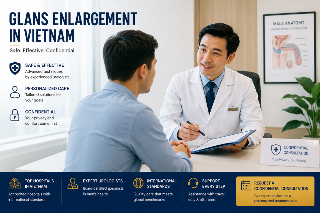 Urologist consulting an international patient about glans enlargement in Vietnam with safe, confidential, and personalized men’s aesthetic care