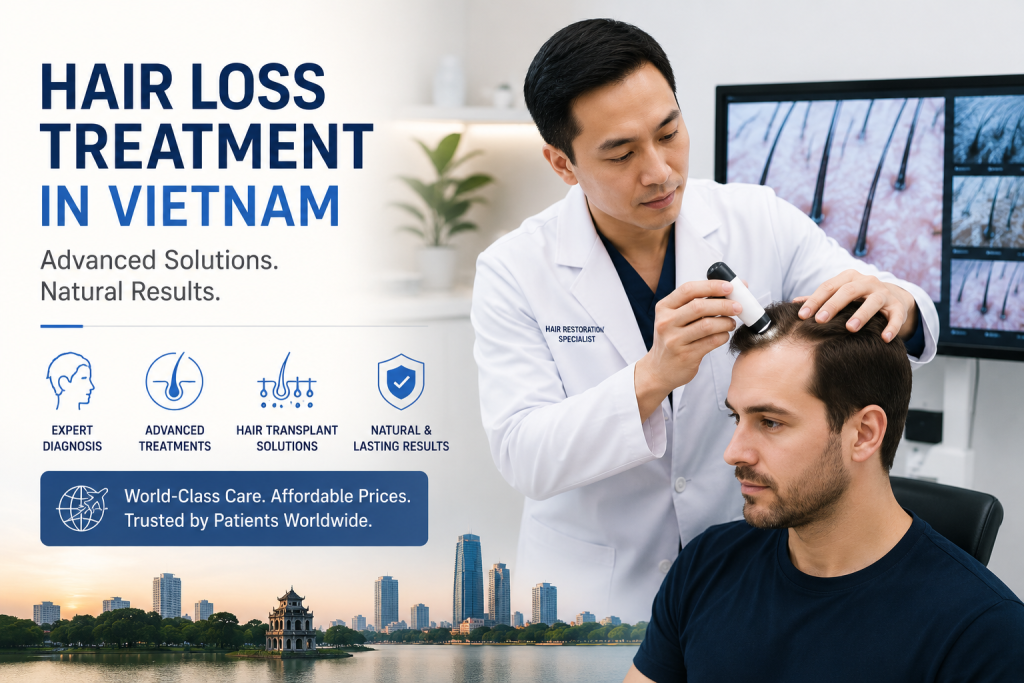 Hair restoration specialist examining an international patient’s scalp for hair loss treatment in Vietnam with advanced diagnosis and transplant options