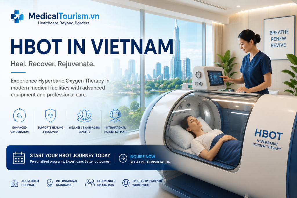 HBOT in Vietnam with a modern hyperbaric oxygen chamber, professional medical staff, and international patient support.