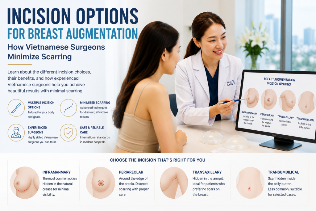 Plastic surgeon consulting an international patient about incision options for breast augmentation in Vietnam and scar minimization techniques