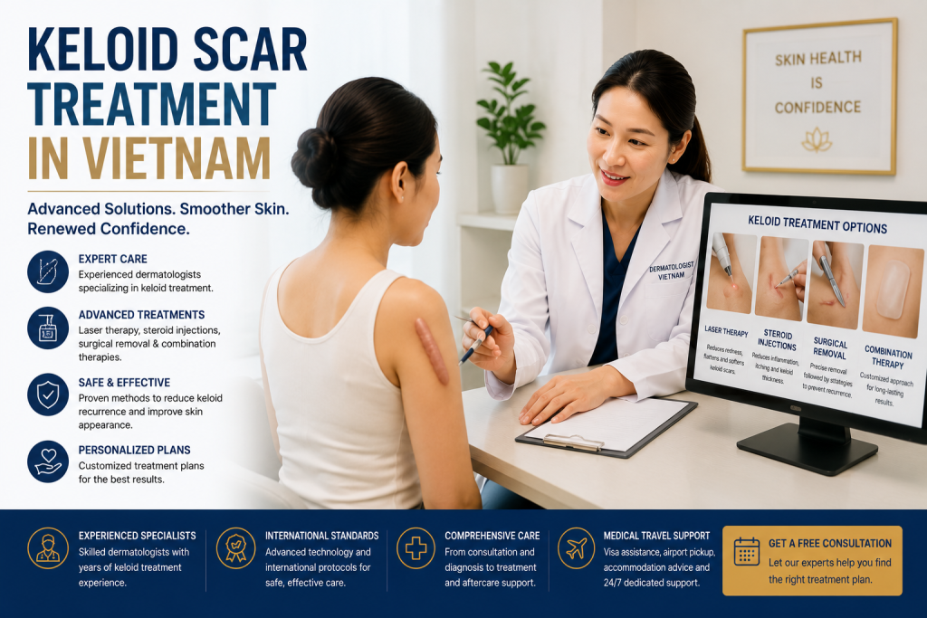 Dermatologist consulting an international patient about keloid scar treatment in Vietnam with laser therapy, steroid injections, and surgical removal options