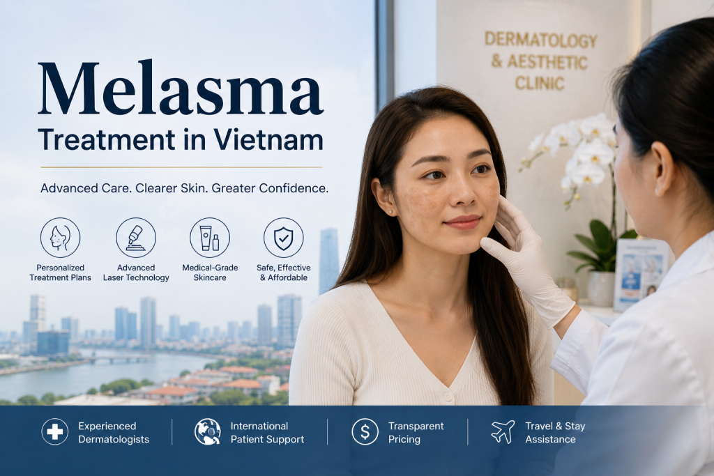Dermatologist consulting a patient about melasma treatment in Vietnam with laser and medical-grade skincare options