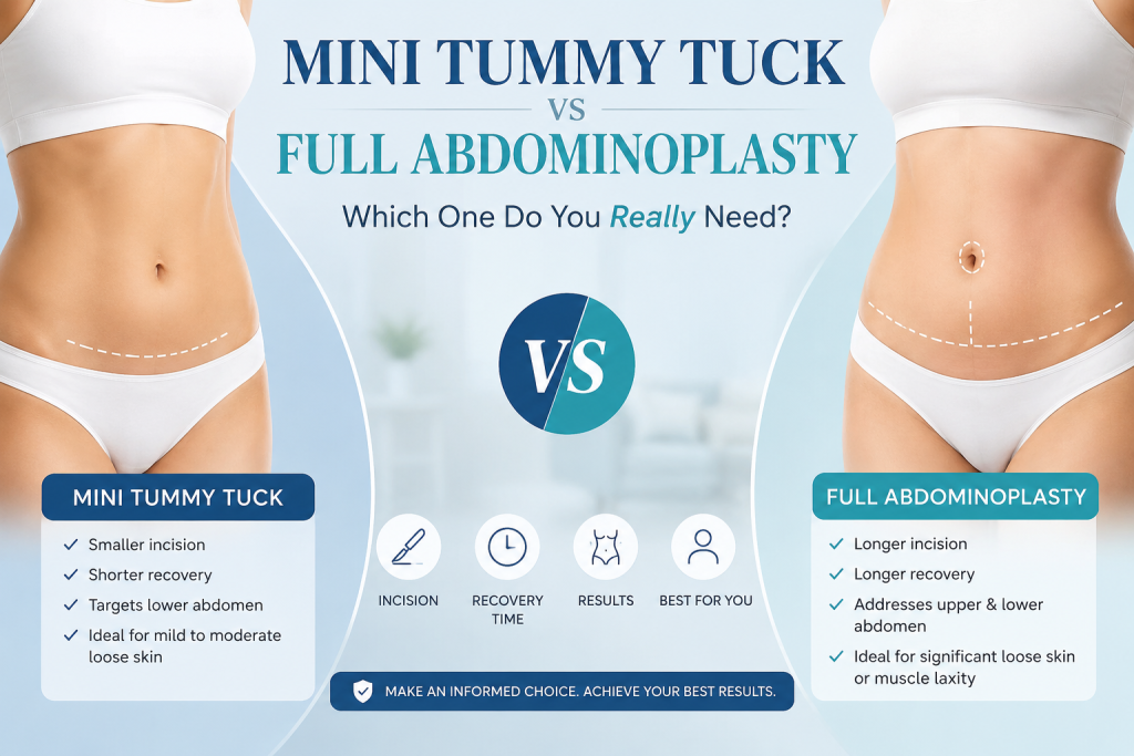 Mini tummy tuck vs full abdominoplasty comparison showing incision length, treatment area, and recovery differences.