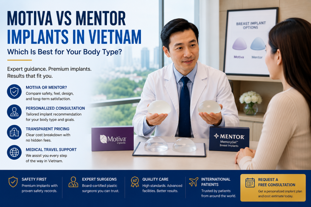 Plastic surgeon consulting an international patient about Motiva vs Mentor implants in Vietnam and choosing the best breast implant for body type