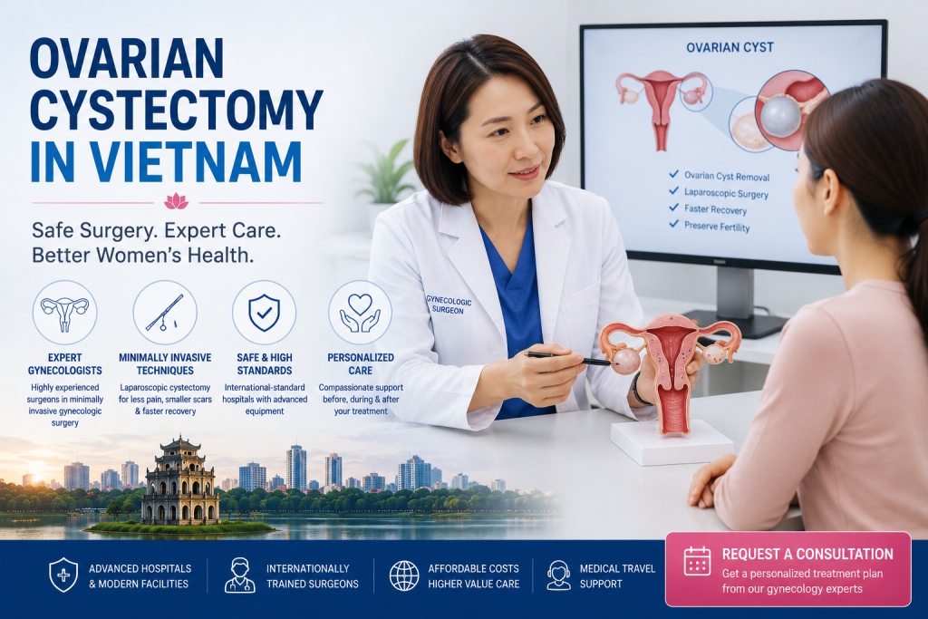 Gynecologic surgeon consulting an international patient about ovarian cystectomy in Vietnam with laparoscopic ovarian cyst removal and fertility-preserving care