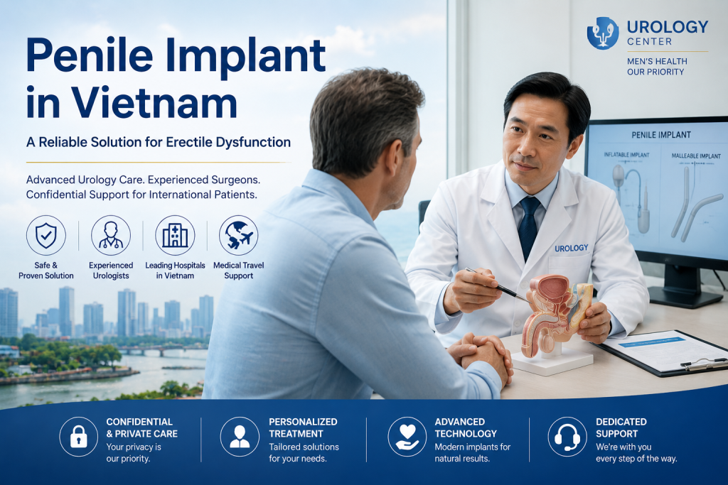 Urologist consulting an international patient about penile implant in Vietnam for erectile dysfunction treatment and men’s health care