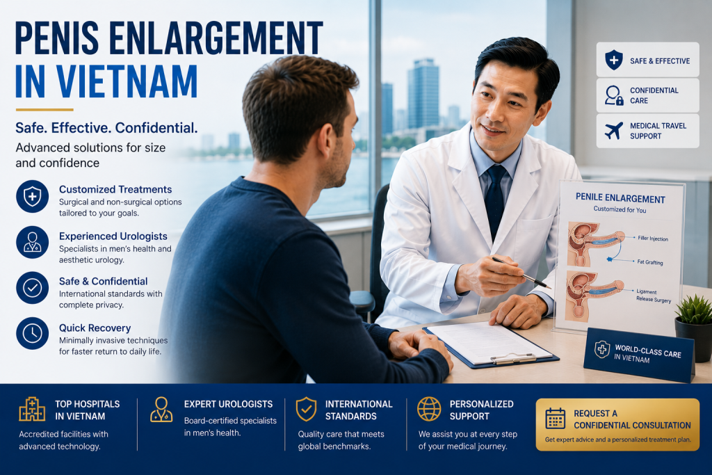 Urologist consulting an international patient about penis enlargement in Vietnam with surgical and non-surgical treatment options