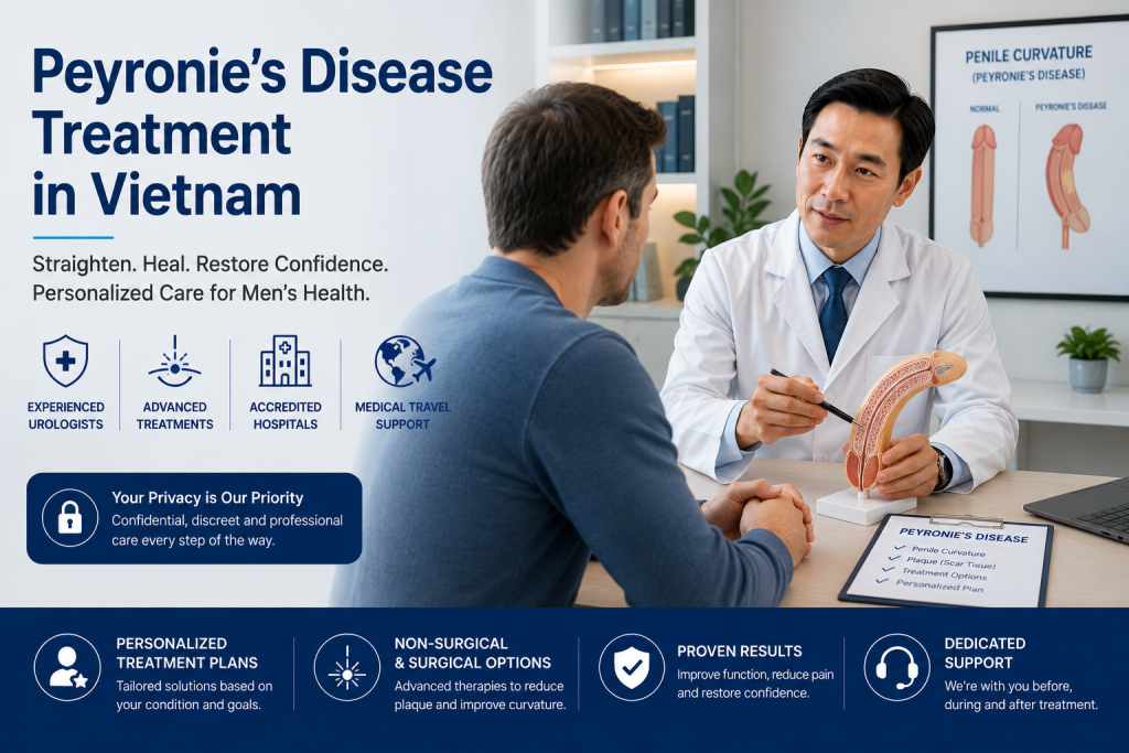 Urologist consulting an international patient about Peyronie’s disease treatment in Vietnam for penile curvature and men’s health care