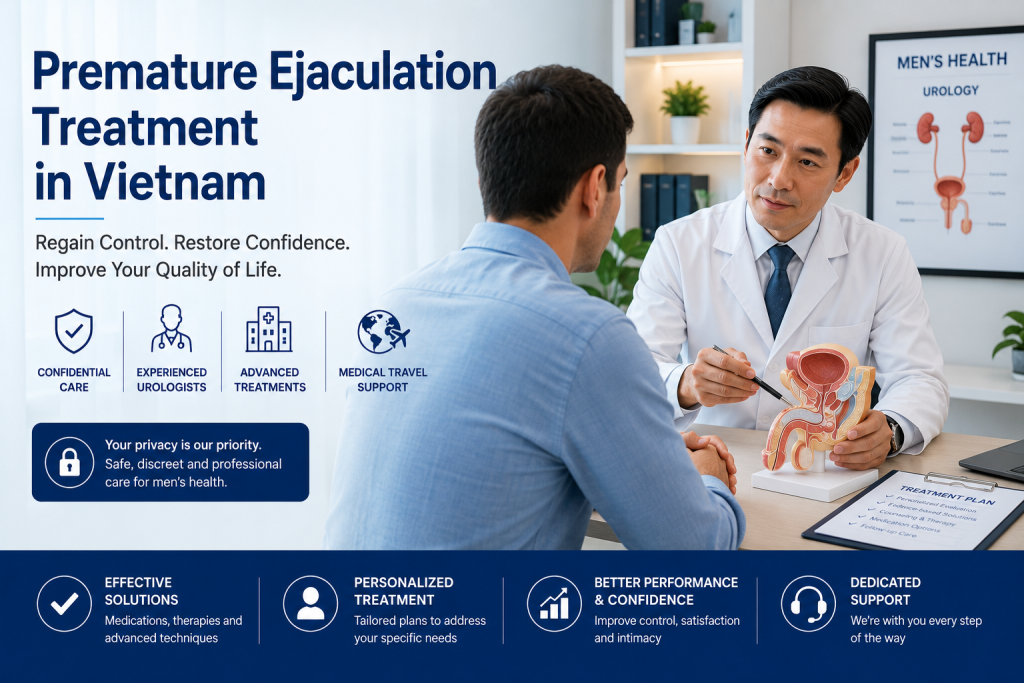 Urologist consulting an international patient about premature ejaculation treatment in Vietnam with confidential men’s health care
