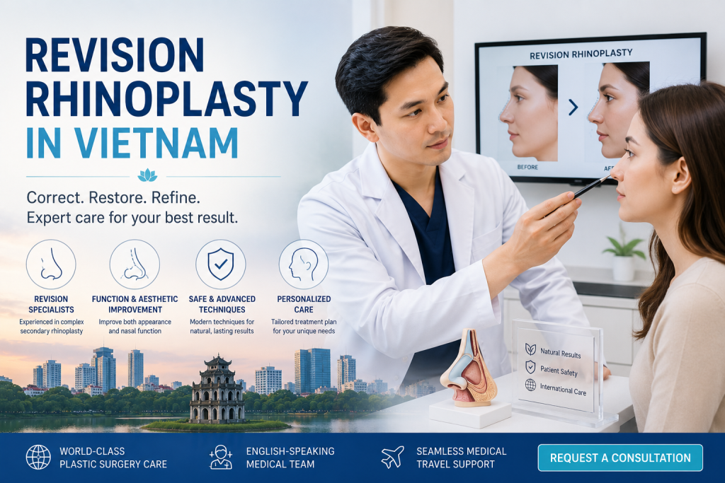 Plastic surgeon consulting an international patient about revision rhinoplasty in Vietnam for nose correction, implant revision, and natural results