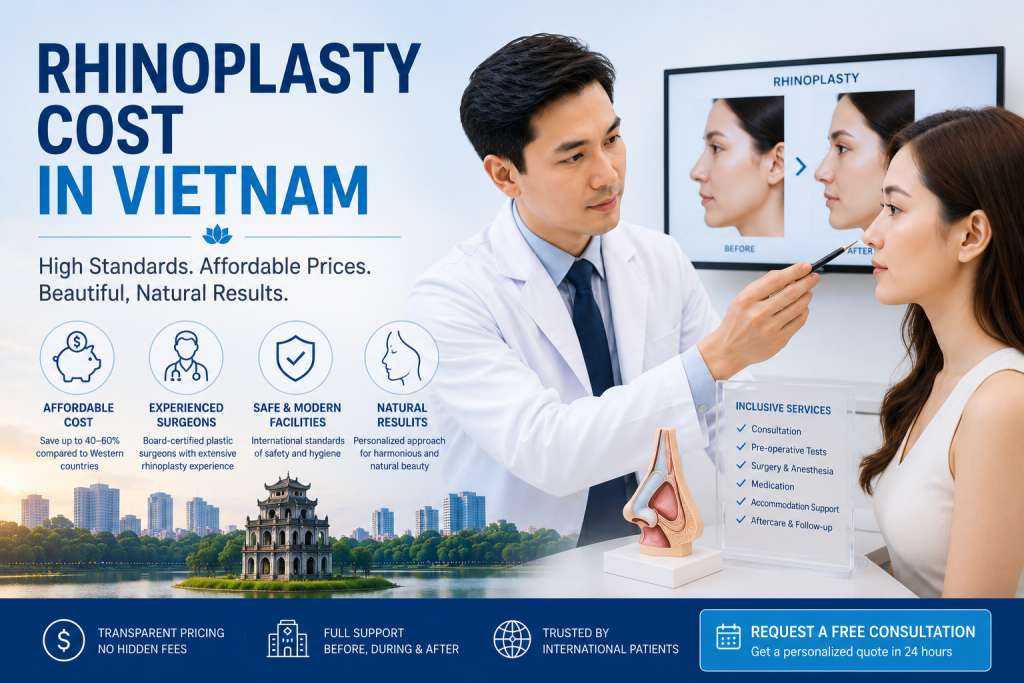 Plastic surgeon consulting an international patient about rhinoplasty cost in Vietnam, nose surgery options, transparent pricing, and natural results
