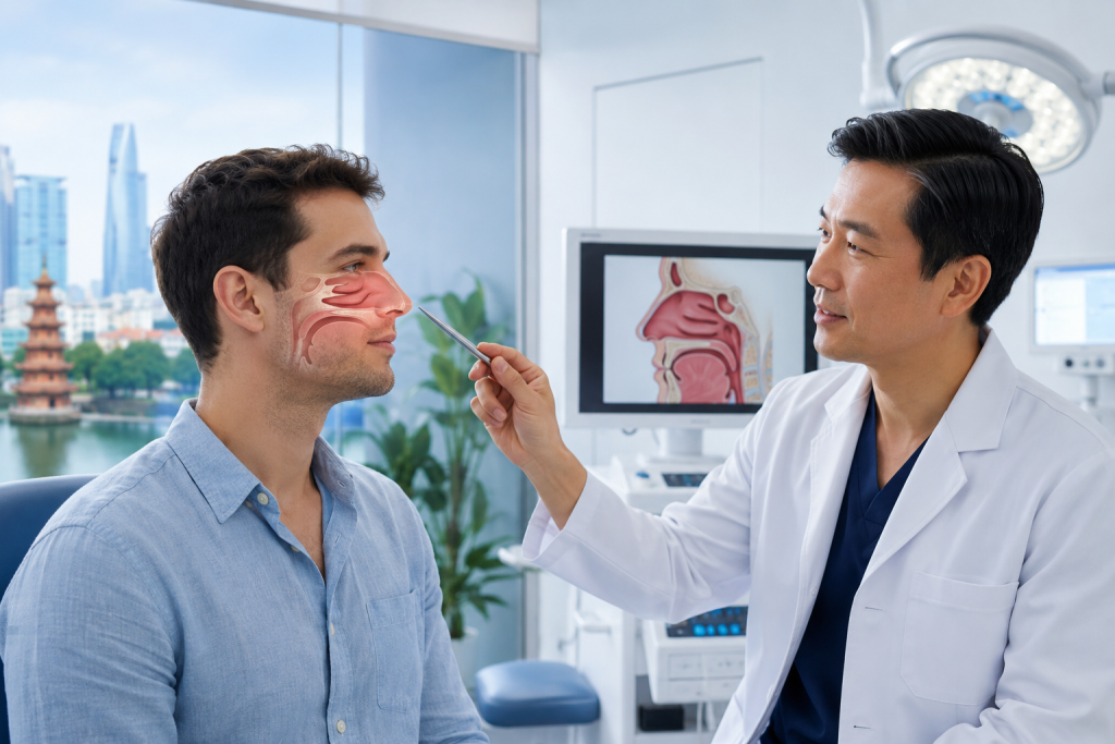 ENT doctor consulting an international patient about septoplasty in Vietnam for deviated septum and nasal breathing problems