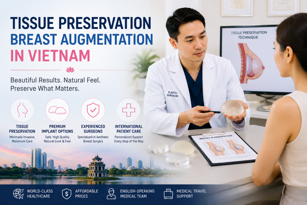 Plastic surgeon consulting an international patient about tissue preservation breast augmentation in Vietnam with implant options and natural-looking results
