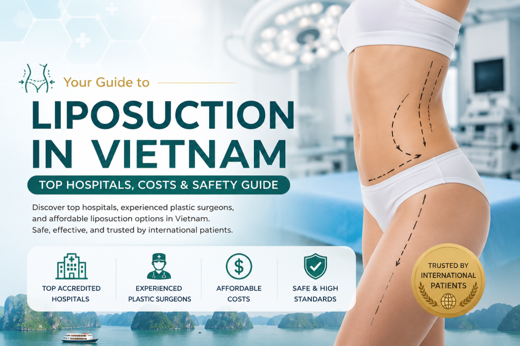 Hero image for an article about top liposuction hospitals in Vietnam, featuring a medical setting, body contouring markings, hospital icons, cost guidance, and safety information for international patients.