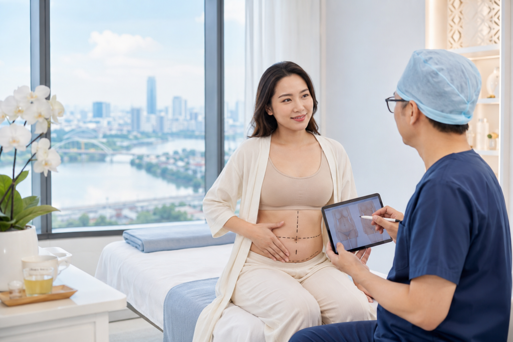 Tummy tuck cost in Vietnam consultation with a plastic surgeon at a modern cosmetic surgery clinic