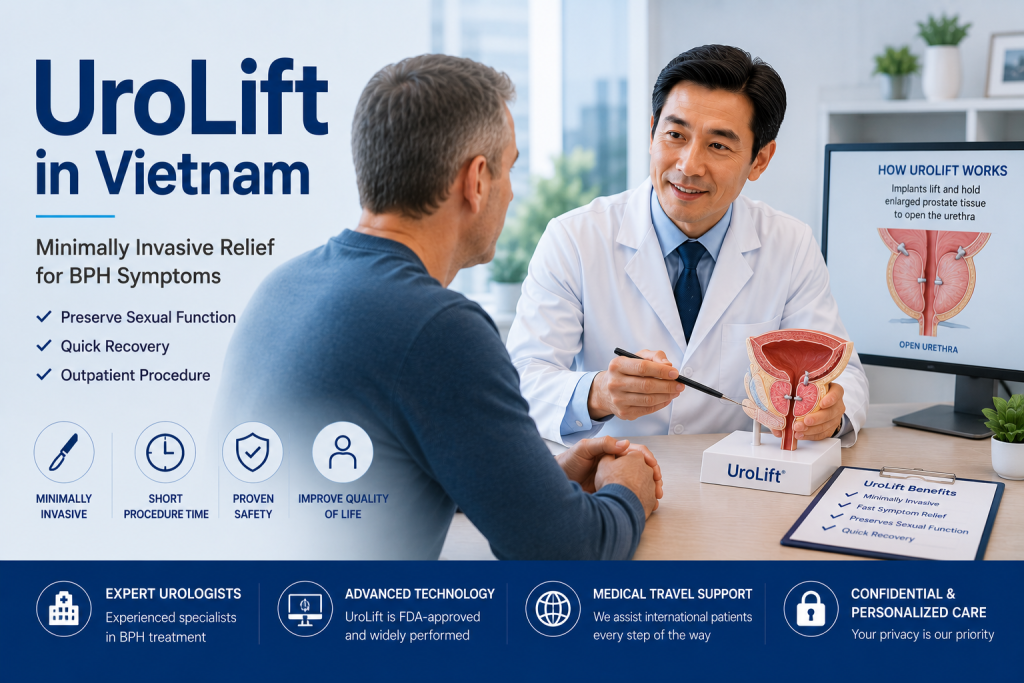 Urologist consulting an international patient about UroLift in Vietnam for BPH treatment and minimally invasive prostate care