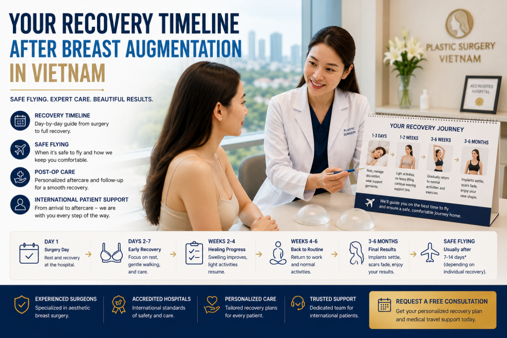 Plastic surgeon consulting an international patient about recovery timeline after breast augmentation in Vietnam, post-op care, and safe flying guidance