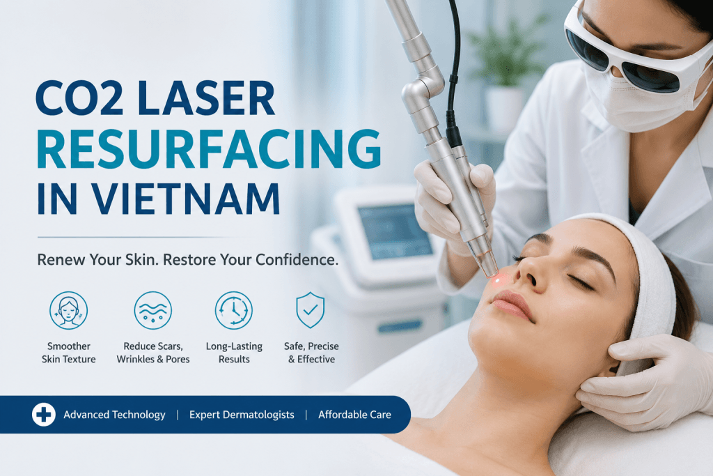 CO2 laser resurfacing in Vietnam performed by a dermatologist using advanced laser technology to improve skin texture, acne scars, wrinkles, and enlarged pores.