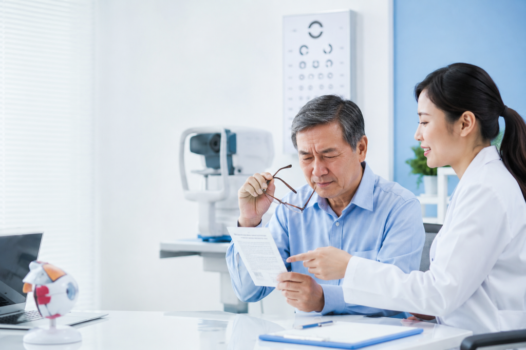 Presbyopia treatment in Vietnam with an eye doctor consulting a patient about age-related near vision problems
