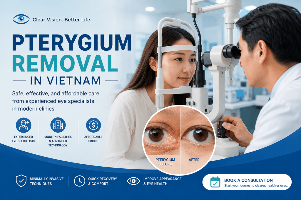 Pterygium removal in Vietnam with an eye specialist examining a patient using a slit lamp in a modern ophthalmology clinic.