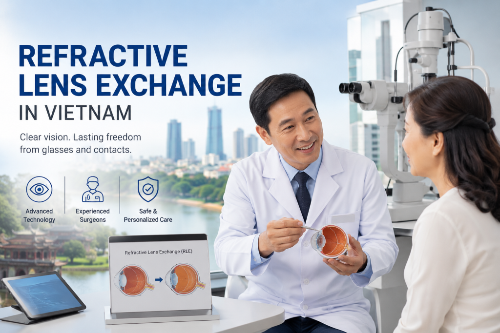 Refractive lens exchange in Vietnam with an ophthalmologist explaining RLE treatment to a patient
