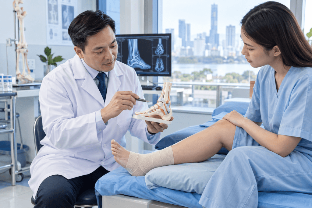 Ankle reconstruction surgery in Vietnam consultation with an orthopedic surgeon explaining ankle ligament reconstruction and treatment options.