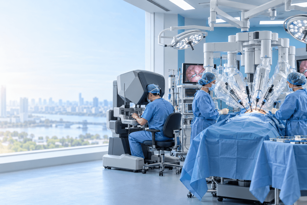 Robotic prostatectomy in Vietnam performed with advanced robotic-assisted surgical technology in a modern operating room.