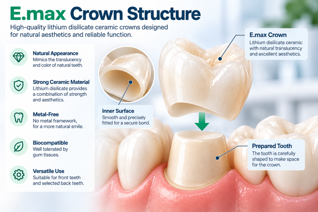 E.max crown structure showing a lithium disilicate ceramic dental crown, its inner surface and placement over a prepared natural tooth