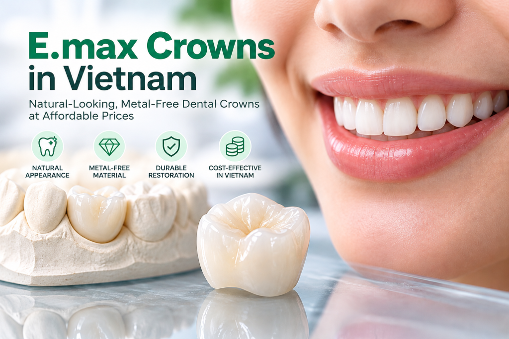 E.max crowns in Vietnam – natural-looking ceramic dental crowns with a smiling patient and dental crown models