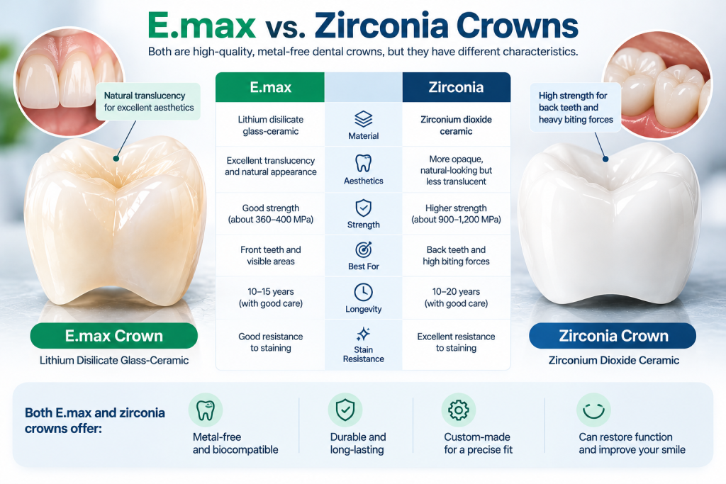 E.max vs. zirconia crowns comparison showing differences in ceramic materials, aesthetics, strength and dental applications